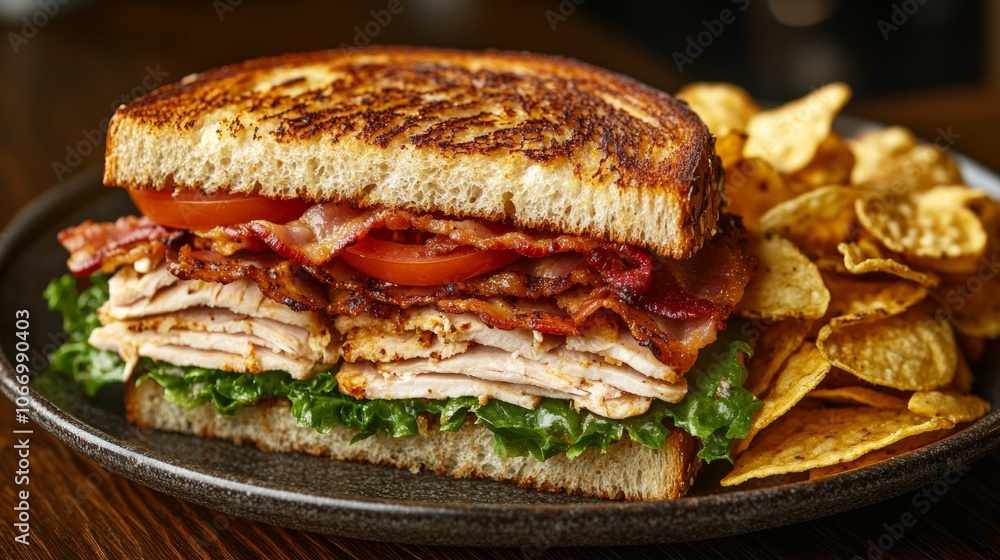 Delicious turkey club sandwich with crispy bacon and potato chips Delicious turkey club sandwich with crispy bacon and potato chips
