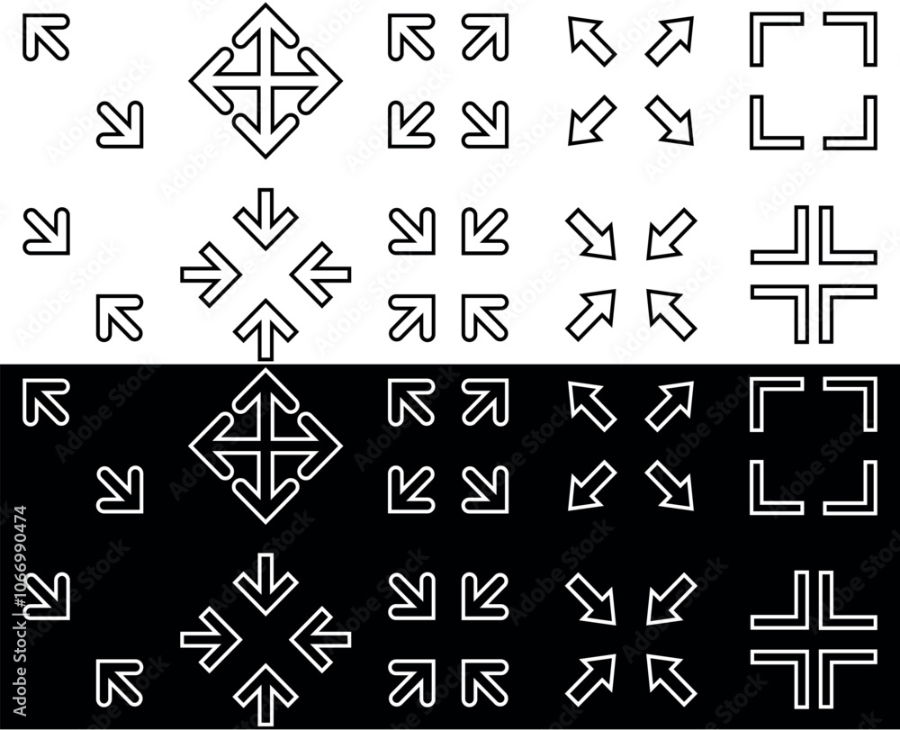 Full screen and exit full screen icons. Arrow mark icons in different shapes. Vector illustration isolated on white and black background. Full screen and exit full screen icons. Arrow mark icons in different shapes. Vector illustration isolated on white and black background.