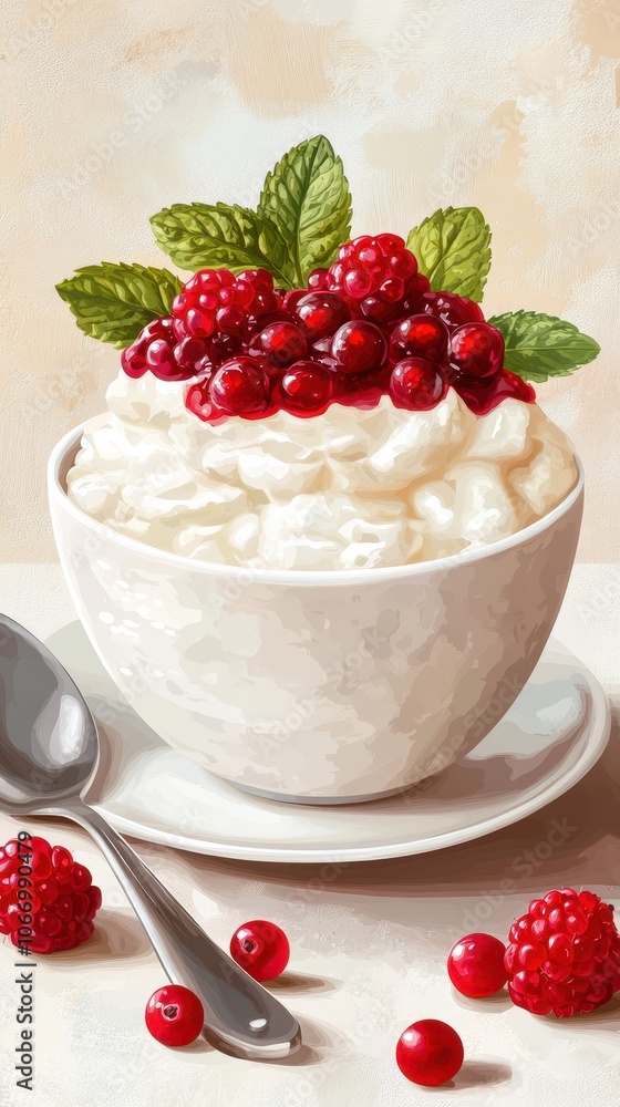 A bowl of creamy rice pudding topped with a berry sauce and fresh mint leaves sits on a saucer with a spoon A bowl of creamy rice pudding topped with a berry sauce and fresh mint leaves sits on a saucer with a spoon