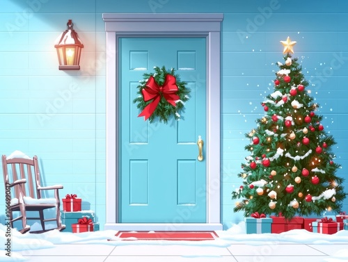 Snowy American home porch with a Christmas tree red and green decorations