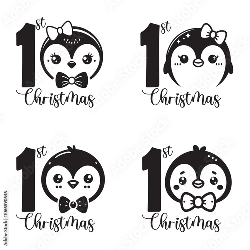 Cute penguin set illustrations celebrating baby’s first Christmas with bow tie. Kawaii black and white collection vector cartoon images