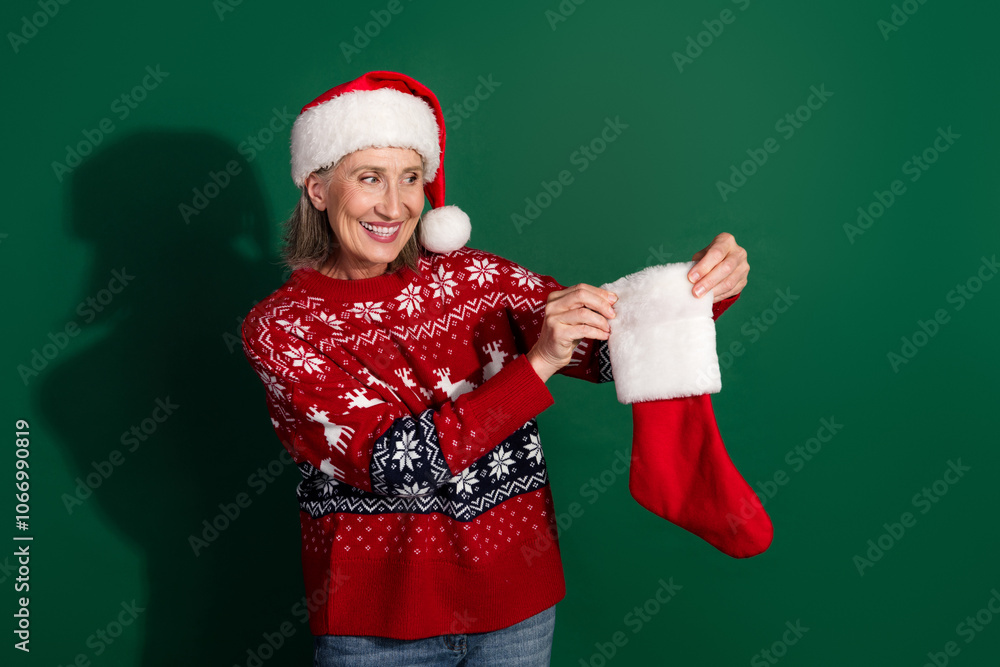 Photo of cute lovely positive woman wear trendy red print clothes isolated on green color background Photo of cute lovely positive woman wear trendy red print clothes isolated on green color background