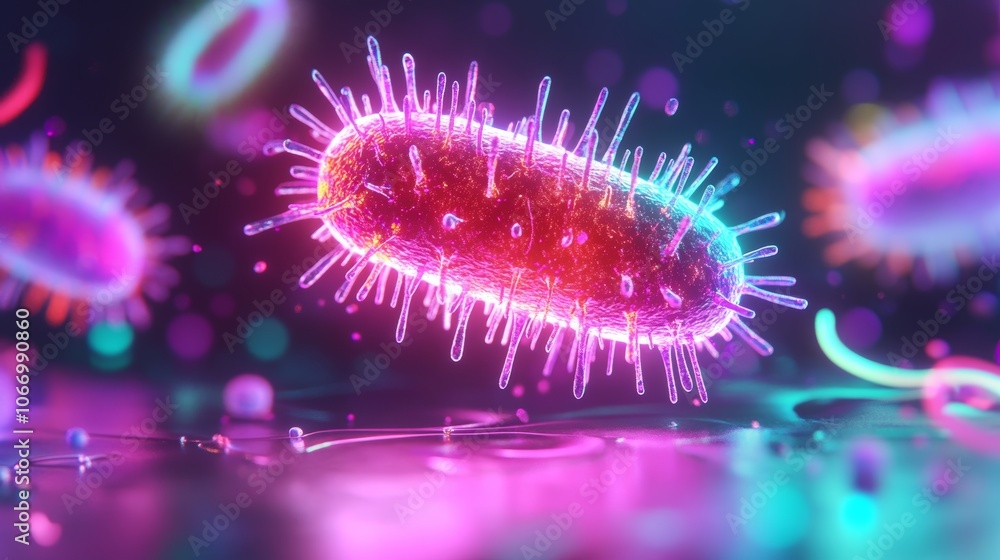 A vibrant, digital rendering of a bacterium, showcasing its structure with colorful, glowing details against a soft-focus background. A vibrant, digital rendering of a bacterium, showcasing its structure with colorful, glowing details against a soft-focus background.