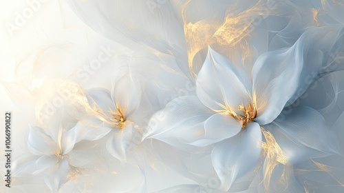 Elegant abstract background with white and gold flowers, creating a harmonious blend. Perfect for design projects needing an elegant flower touch. Ideal for various applications with ample copy space.