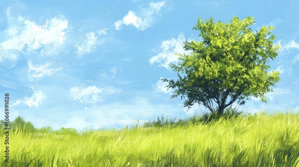 Tranquil summer landscape with a solid blue background, embodying lush greenery and expansive blue skies. This summer landscape provides a serene atmosphere with ample copy space. Tranquil summer landscape with a solid blue background, embodying lush greenery and expansive blue skies. This summer landscape provides a serene atmosphere with ample copy space.