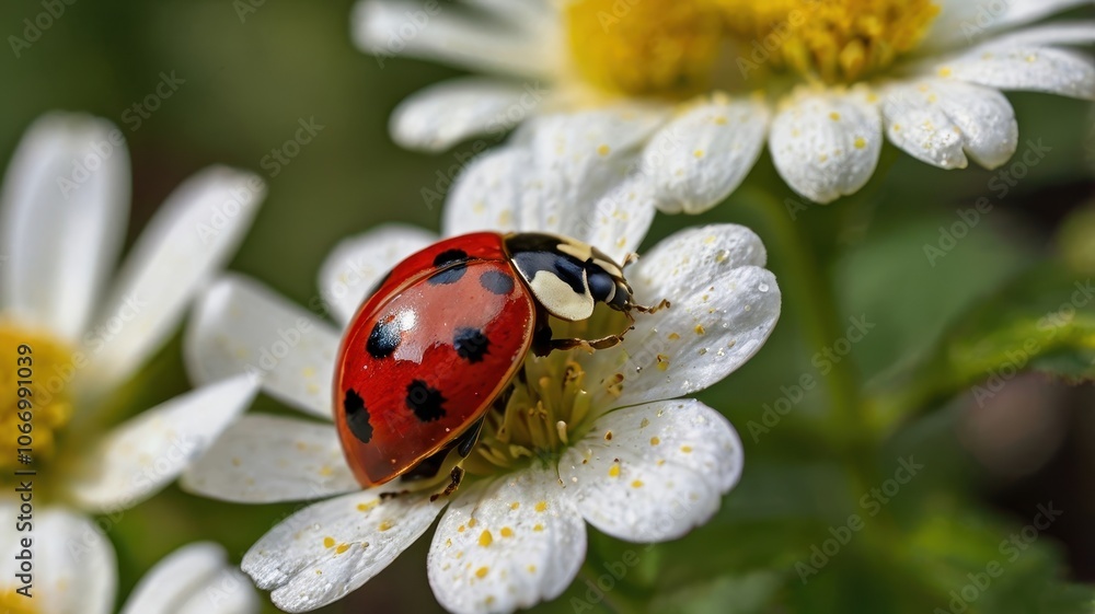 Red and Black Ladybug on White Daisy in Nature Setting Red and Black Ladybug on White Daisy in Nature Setting