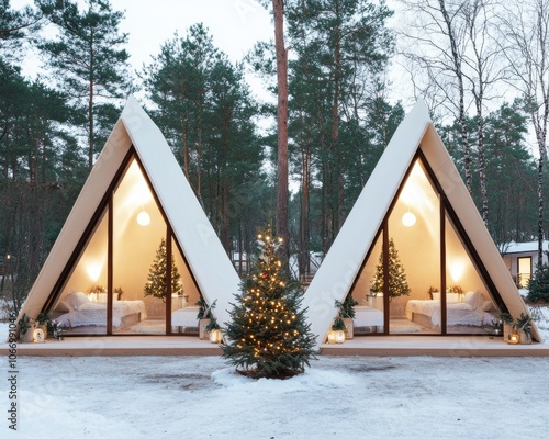 Snowy forest with American style campsite Christmas tree with natural ornaments