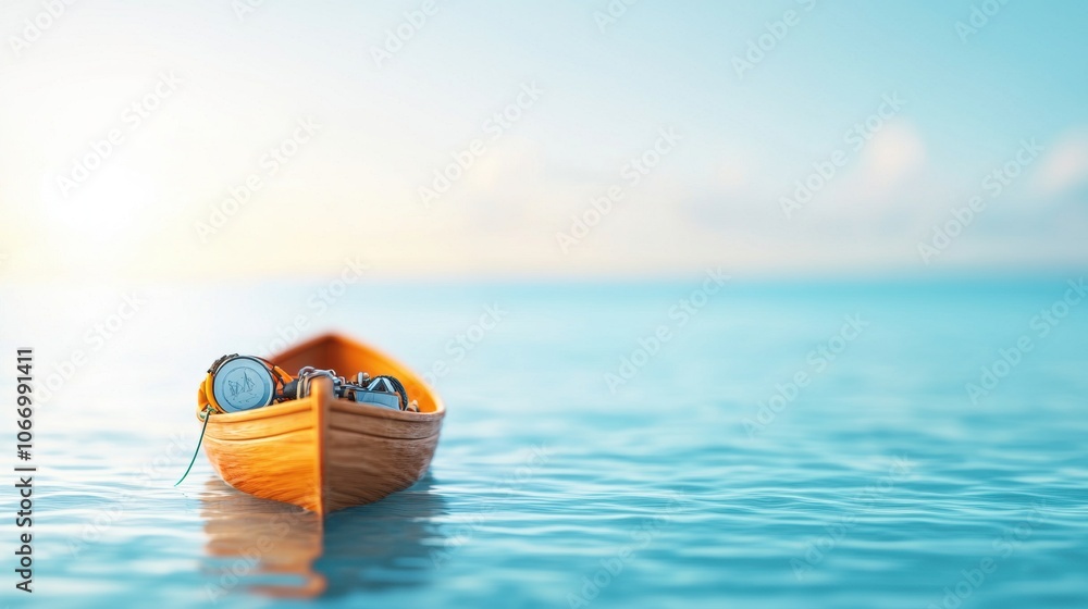 Calm Fishing Boat with Gear on Water Surface Calm Fishing Boat with Gear on Water Surface