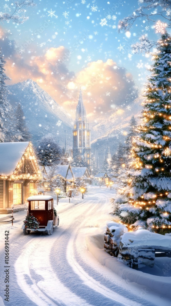 Snowy suburban home with Christmas tree visible from large window American holiday charm Snowy suburban home with Christmas tree visible from large window American holiday charm
