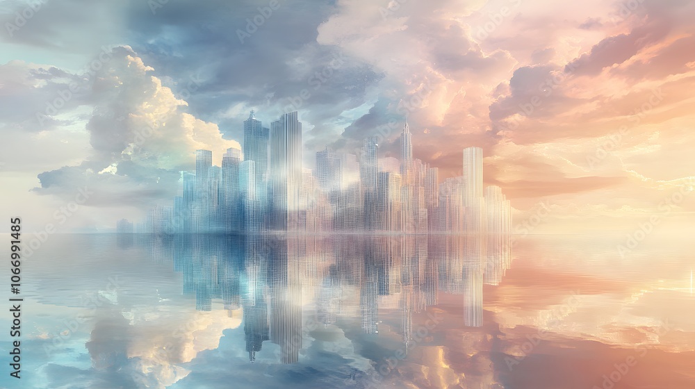 Fototapeta premium A cityscape floating in the sky, reflected on calm water, surrounded by clouds - a fantastical world