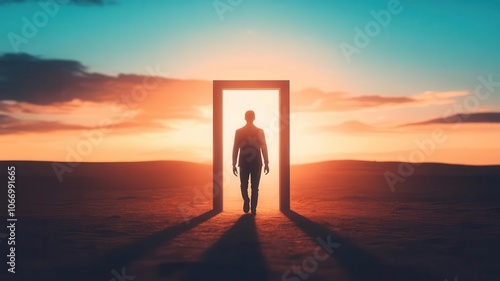 Person walking through an open door into a bright future, symbolizing new beginnings
