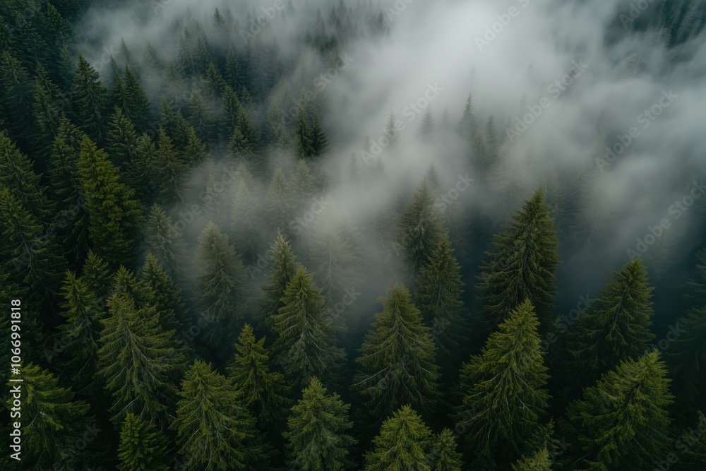 Misty forest landscape with dense evergreen trees and fog Misty forest landscape with dense evergreen trees and fog