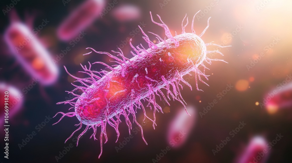 The image displays a colorful, detailed rendering of a bacterium with elongated shape and spike-like projections, set against a blurred background. The image displays a colorful, detailed rendering of a bacterium with elongated shape and spike-like projections, set against a blurred background.