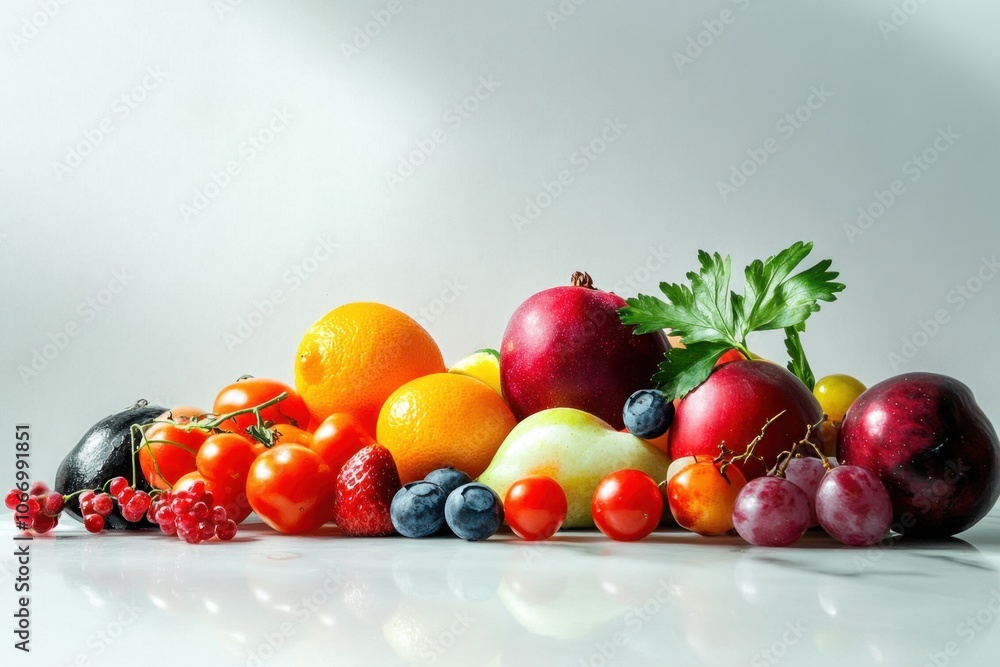 A colorful arrangement of fresh fruits and vegetables on a white surface. A colorful arrangement of fresh fruits and vegetables on a white surface.
