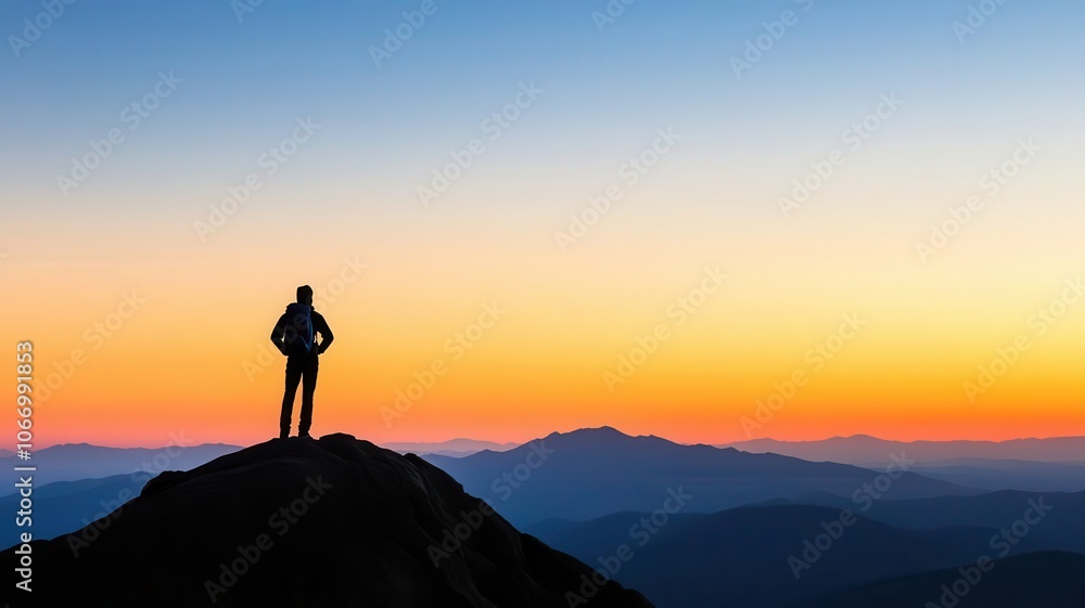 Person standing on a mountaintop at dawn, ready to face new challenges Person standing on a mountaintop at dawn, ready to face new challenges