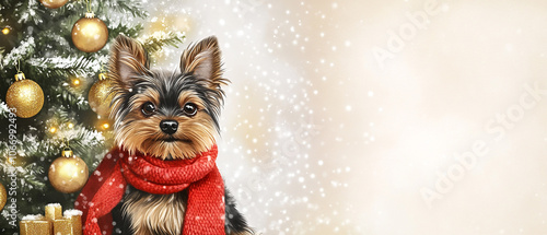 Yorkshire Terrier Dog Wearing A Cozy Red Scarf for Winter Fashion and Pet Accessories photo