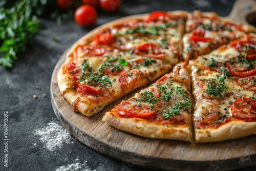 A delicious pizza with tomato sauce, cheese, and fresh herbs, cut into slices and served on a wooden board.