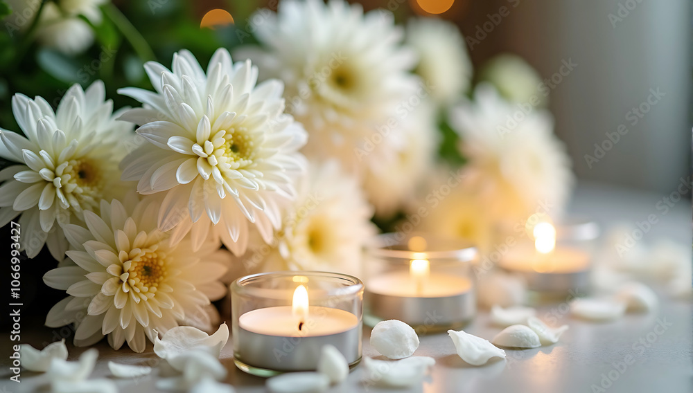 White chrysanthemums and burning candles are giving a message, White chrysanthemums, Soft floral arrangement, Lit tea light candles White chrysanthemums and burning candles are giving a message, White chrysanthemums, Soft floral arrangement, Lit tea light candles