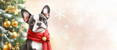 Boston Terrier Dog Wearing A Cozy Red Scarf Sitting in Winter Wonderland photo