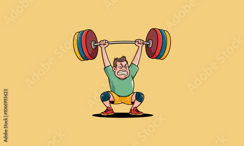 Cartoon weightlifter lifting heavy barbell with effort