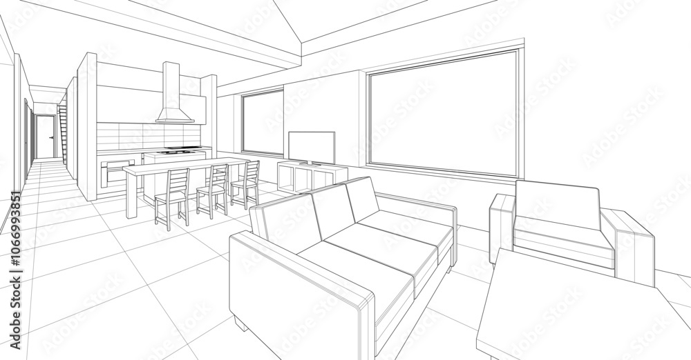 Fototapeta premium interior kitchen living room 3d illustration 
