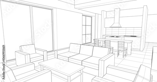 interior kitchen living room 3d illustration 