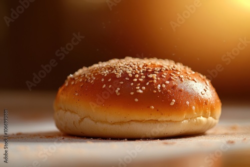 A fresh, golden brown sesame seed bun.