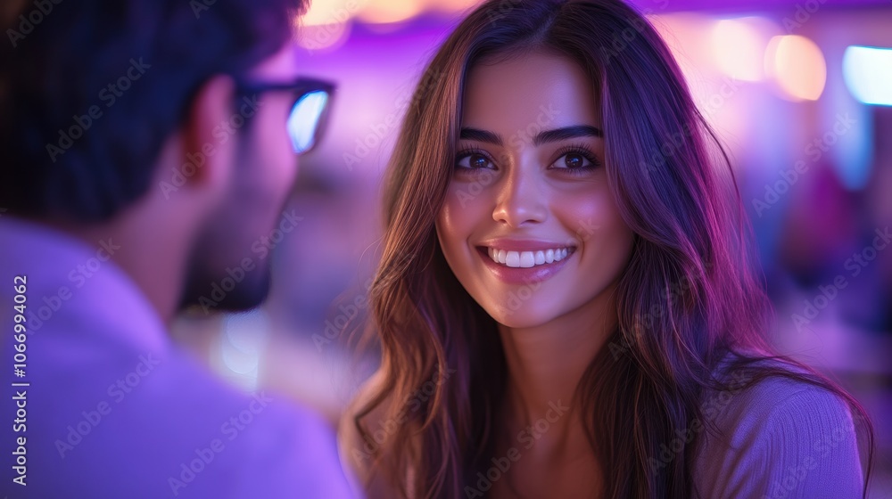 Smiling woman in a vibrant café talking with a friend Smiling woman in a vibrant café talking with a friend