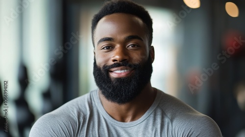 Smiling bearded man in gym environment, looking confident