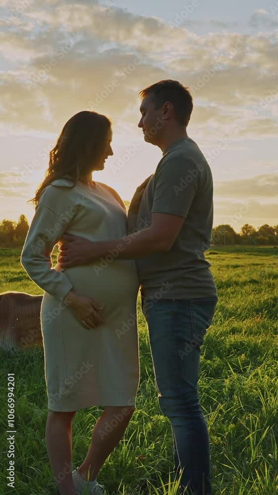 Expecting parents embrace in a sunset field with a gentle breeze at golden hour Expecting parents embrace in a sunset field with a gentle breeze at golden hour