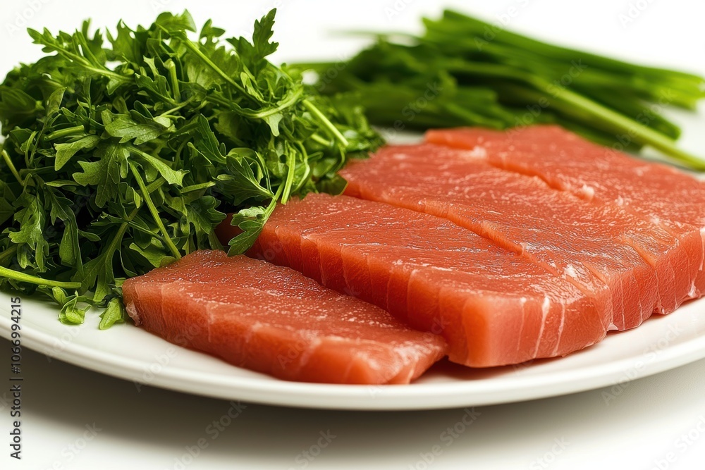 Fresh 3D Illustration of Mizuna and Salmon on Plate Fresh 3D Illustration of Mizuna and Salmon on Plate