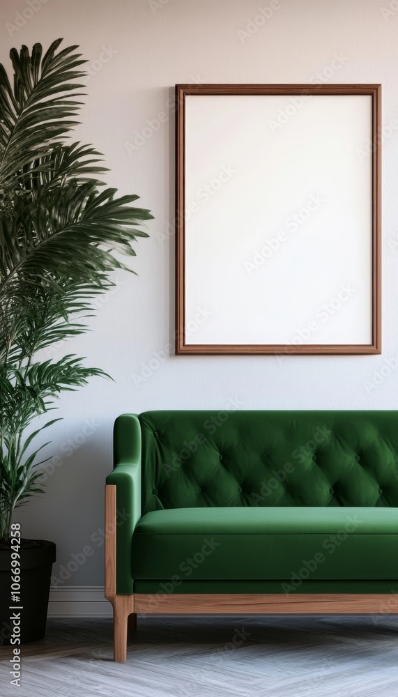 Modern, minimalist living room interior with green velvet sofa. Blank, empty frame mockup, 3D render Modern, minimalist living room interior with green velvet sofa. Blank, empty frame mockup, 3D render