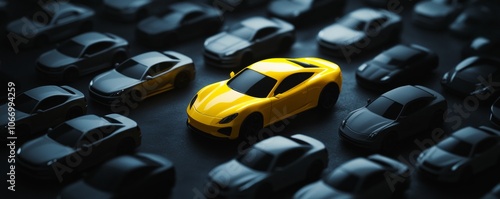 Yellow car standing out from the crowd of grey cars