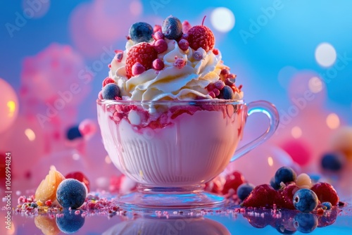 A glass cup filled with whipped cream, blueberries, and raspberries, with a pink sauce and sprinkles. photo