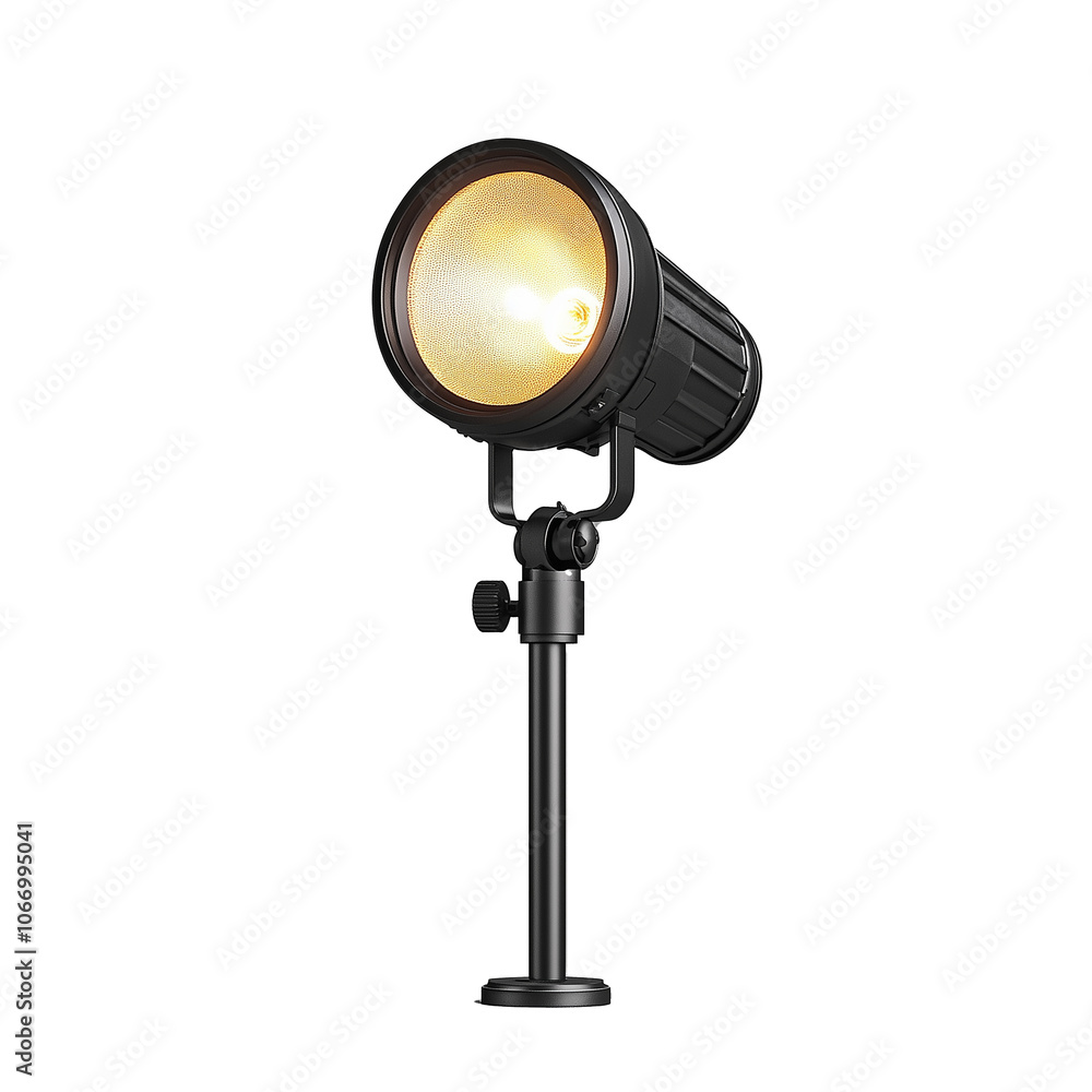 Black studio spotlight with adjustable height and bright light on transparent background Black studio spotlight with adjustable height and bright light on transparent background