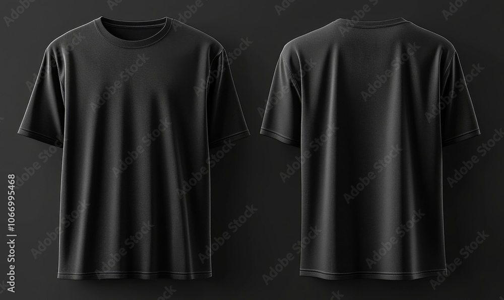 Blank black clean t-shirt mockup, isolated and showcasing front and back views in 3D rendering. This mockup serves as a template for football clothes, presented in a classic short style Blank black clean t-shirt mockup, isolated and showcasing front and back views in 3D rendering. This mockup serves as a template for football clothes, presented in a classic short style