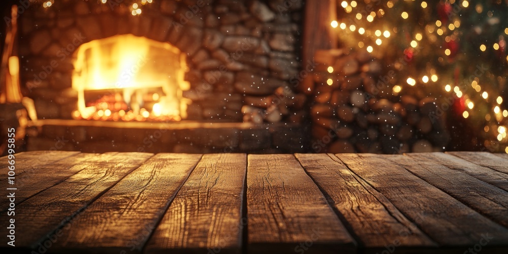 Wooden table in front of a glowing fireplace with bokeh lights and Christmas decorations. A cozy and warm holiday scene, perfect for winter gatherings and festive designs. Wooden table in front of a glowing fireplace with bokeh lights and Christmas decorations. A cozy and warm holiday scene, perfect for winter gatherings and festive designs.