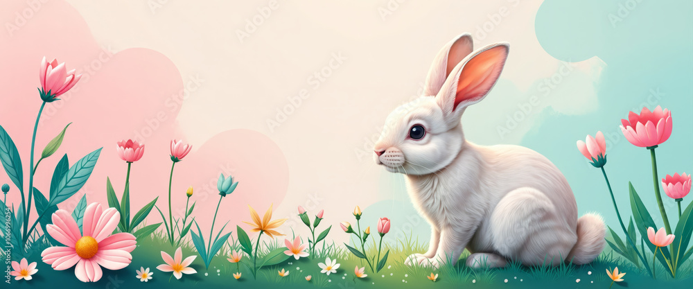 Cute Easter bunny with colorful easter eggs in a green meadow Cute Easter bunny with colorful easter eggs in a green meadow