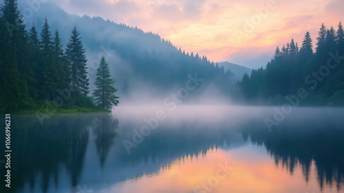 Misty summer sunrise over Lacu Rosu lake revealing the tranquil beauty of Harghita County