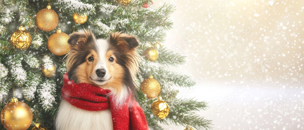Shetland Sheep Dog Wearing A Cozy Red Scarf Sitting Shetland Sheep Dog Wearing A Cozy Red Scarf Sitting