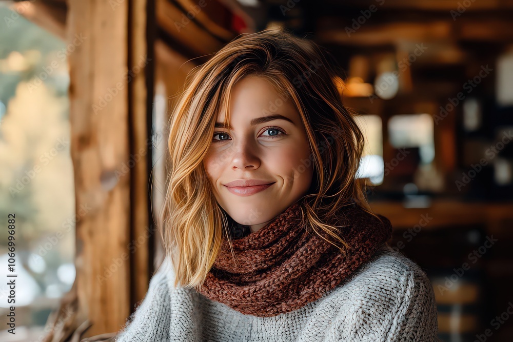 Smiling Woman in Cozy Sweater at Warm Cabin Setting Smiling Woman in Cozy Sweater at Warm Cabin Setting