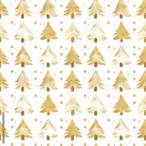 Golden watercolor pine trees on white background. Seamless file. 