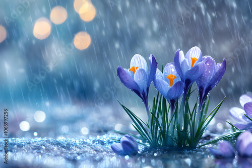 Beautiful crocus flowers blooming in rain with a bokeh background for springtime decoration