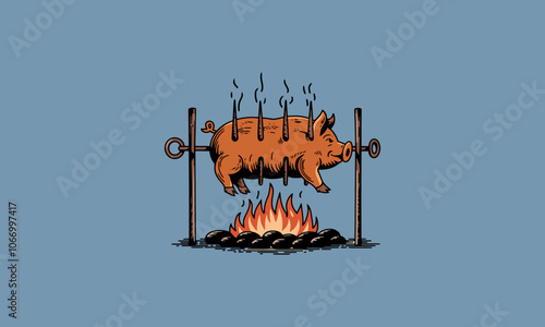 Cartoon pig roasting on a spit over open fire illustration