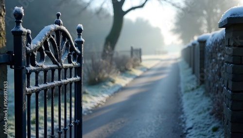 Frosty winter gate leading to a misty pathway, first frost morning atmosphere