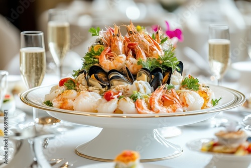 Luxurious seafood platter featuring shrimp, mussels, and scallops on a grand table with champagne, perfect for upscale dining events.
