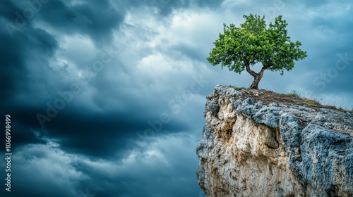 Lonely tree growing on a cliff edge under stormy sky