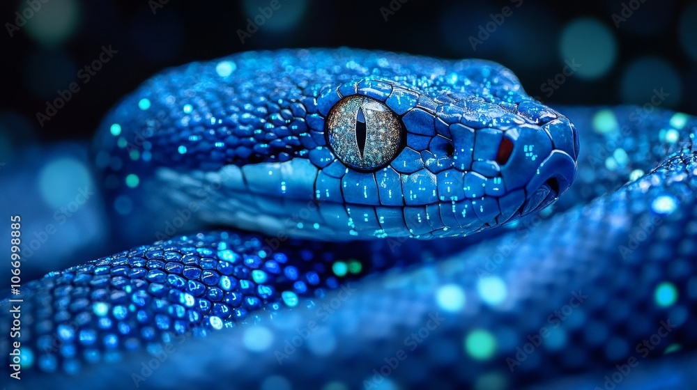 Fototapeta premium Blue viper snake coiled and staring with intense gaze