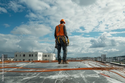 A man in an orange safety vest stands on a roof