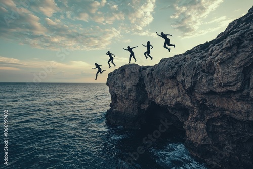A group of people are jumping off a cliff into the ocean
